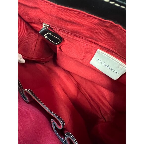 Liz Claiborne Black Leather Shoulder Bag Red Interior Pockets Shoulder Strap 28” - Picture 6 of 9